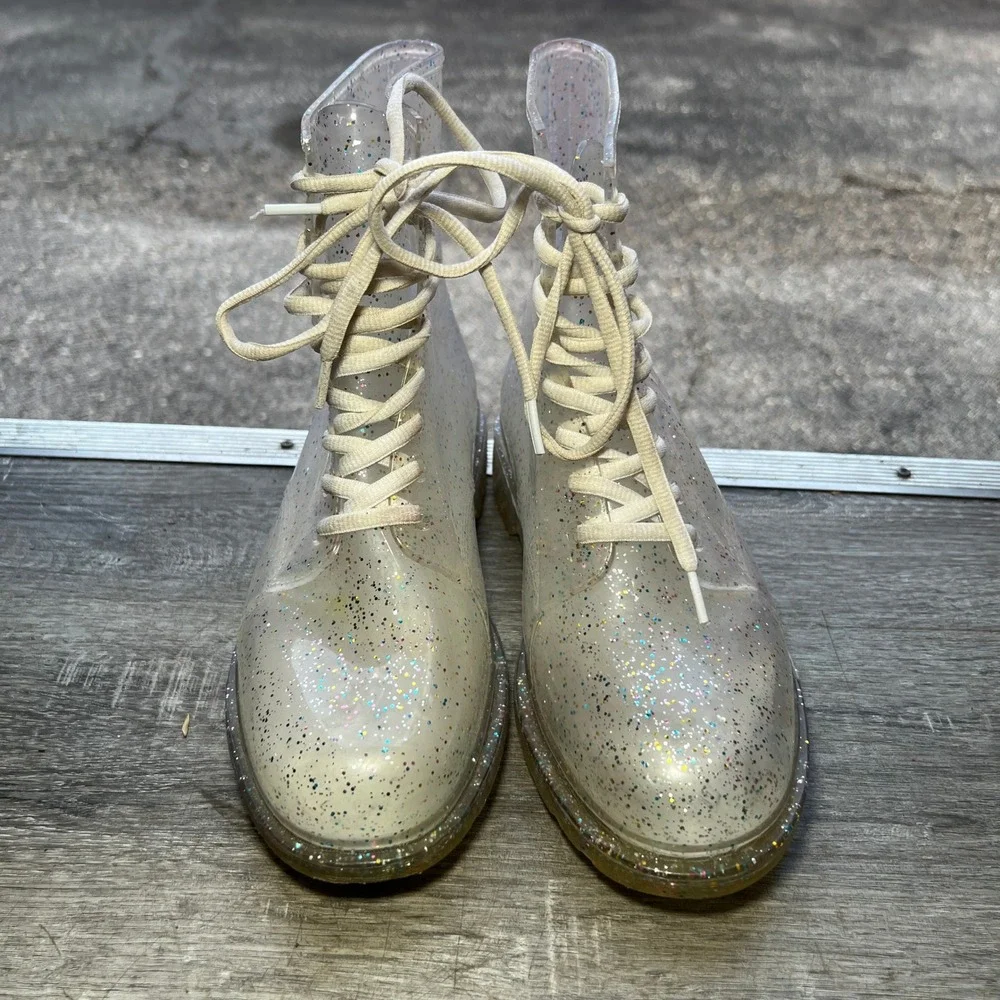 Y2K Urban Outfitters Combat Boots Clear Glitter Jelly Womens 8  Lace Up FESTIVAL